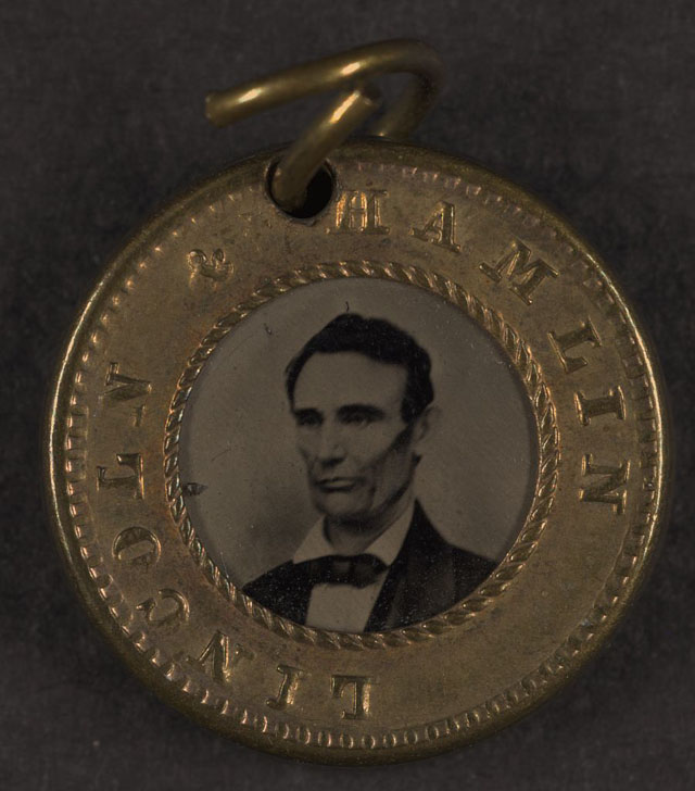 [Presidential campaign button with portraits of Abraham Lincoln and Hannibal Hamlin] (LOC)